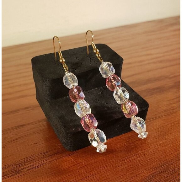 Earrings Crystal Light Red Iridescent Retro Style Dangle Drop Vintage 3" New - Picture 1 of 4